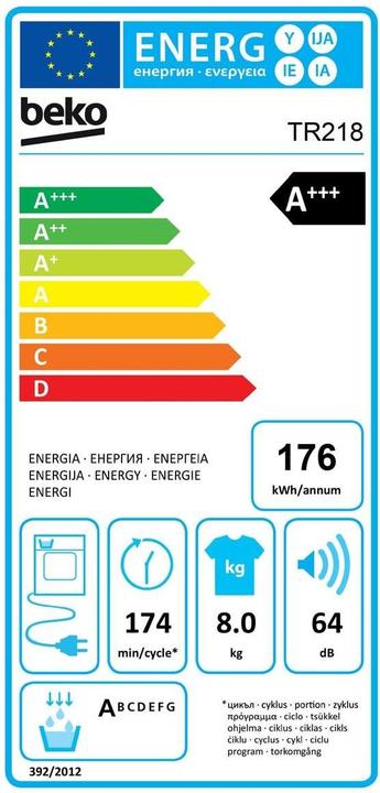 Label énergétique Beko TR218 (8 kg)