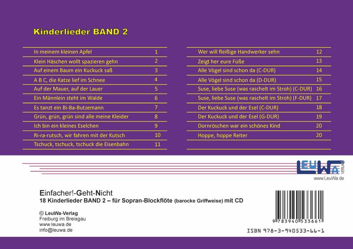 Nährwerte und Zutaten Einfacher!-Geht-Nicht: 18 Kinderlieder BAND 2 - für Sopran Blockflöte (barocke Griffweise) mit CD (Deutsch, Bruno Waizmann, Martin Leuchtner, 2018)
