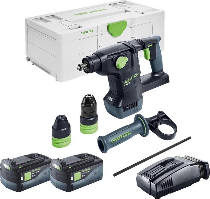 1x Festool KHC 18 EB marteau combiné sans fil, 1x mandrin C SDS KHC, 1x mandrin à serrage rapide KC 13 KHC, 1x poignée supplémentaire AH-50, 181 KHC, 1x butée de profondeur, 1x Festool Systainer³ SYS3 L 187, 2x Festool BP 18 Li 5,0 ASI batterie 18 V 5,0 Ah, 1x Festool SCA 16 chargeur rapide 10,8 V - 18 V 16 A