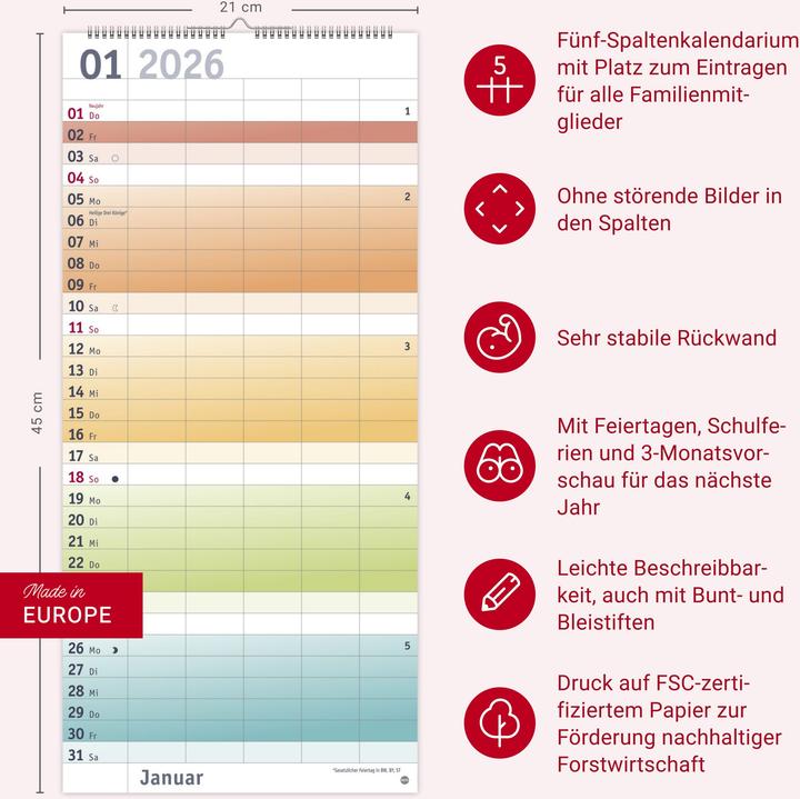 Nährwerte und Zutaten Bunte Wochen Familienplaner 2026 (Harter Einband, Deutsch)