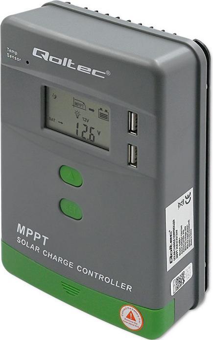 Actual product image Qoltec Solar MPPT charge controller with temperature sensor 20A |12V/24V | LCD display | 2 x USB