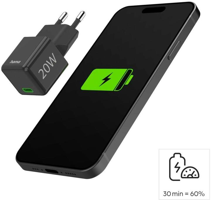 Image du produit Hama Chargeur rapide, USB-C, PD/Qualcomm®, Super-Mini-Charger, 20 W, noir (20 W, 1 portion)