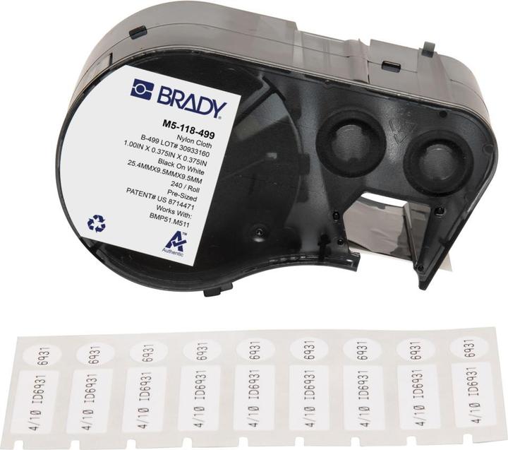 Actual product image Brady M5-118-499, nylon fabric, black on white, 9.53 x 25.40 mm, diameter 9.53 mm (cover label)