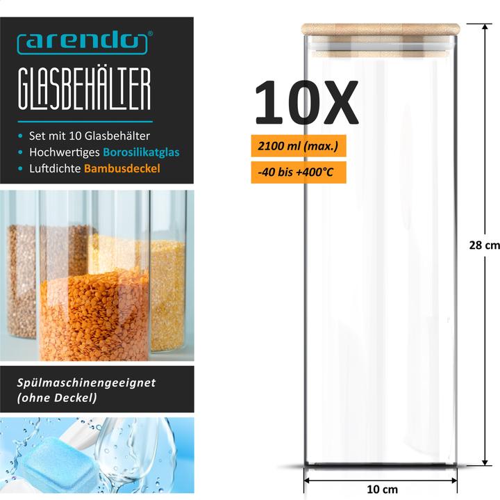 Actual product image Arendo 10x 2,2 L Vorratsgläser Glasbehälter 10er Set, Borosilikatglas, Bambusdeckel, Vorratsdosen luftdicht (2.20 l)