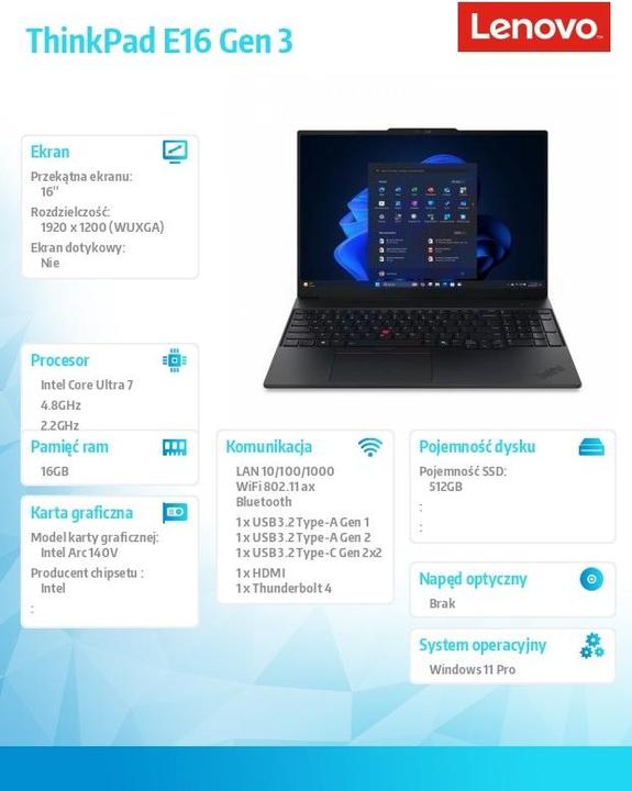 Immagine prodotto Lenovo Notebook ThinkPad E16 G3 16 WUXGA AG 300N (16", 512 GB, 16 GB, Ing. Int., Intel Core Ultra 7 256V)