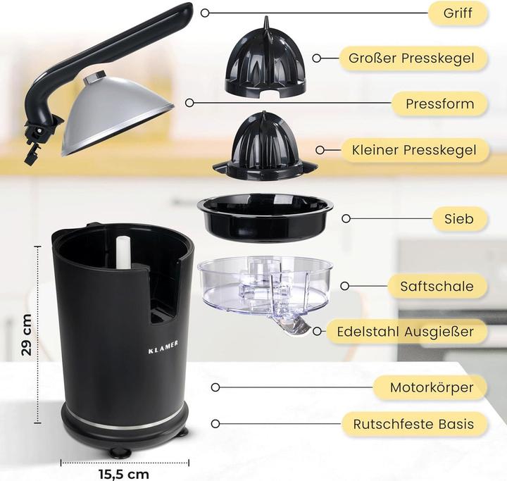 Produktbild KLAMER Saftpresse elektrisch mit zwei Presskegeln – Zitruspresse für Orangen, Zitronen, Limette…