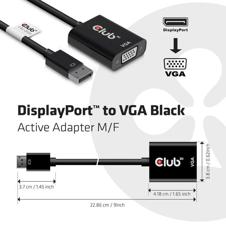 Immagine prodotto Club 3D Adattatore attivo da DisplayPort a VGA (VGA, 22.80 cm)