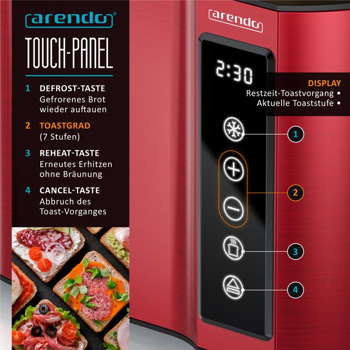 Produktbild Arendo Toaster Edelstahl 2-Scheiben Kurzschlitz, Display mit Restzeitanzeige, Touchpanel, Brötchenaufsatz