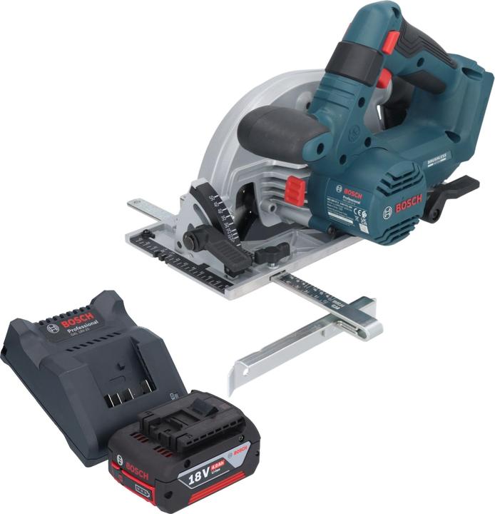 1.0 x 20 mm, 24 (2 608 837 685), 1x rip fence (2 608 000 817), 4 Ah, 4000 mAh Li-Ion battery, 1x Bosch GAL 18V-20 battery charger, 1x circular saw blade, Standard for Wood, 165 x 1.5, 1x Bosch GKS 18V-57-2 Professional cordless portable circular saw, 1x Bosch GBA 18 V