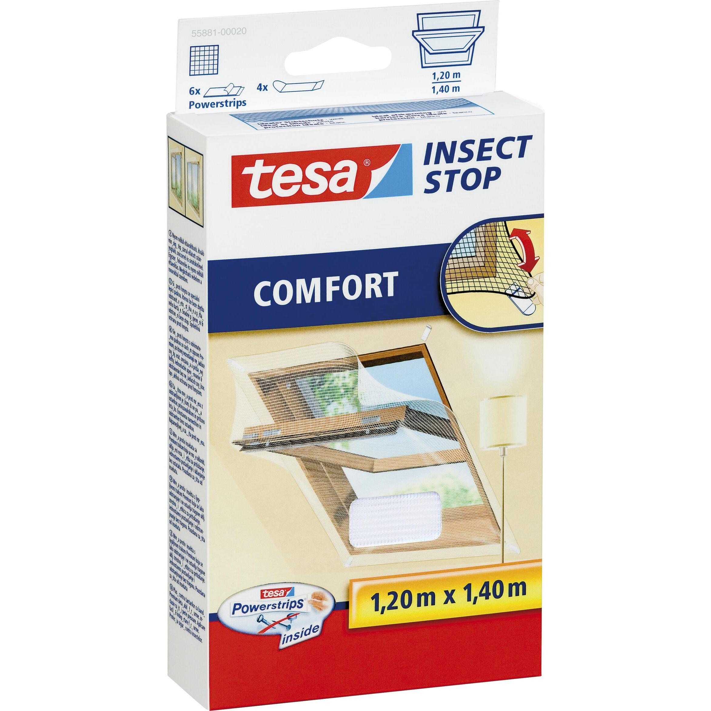 tesa, Fliegengitter, Insektenschutz COMFORT für Dachfenster, mit Klettband, selbstklebend, ohne Bohren (120 x 140 cm)