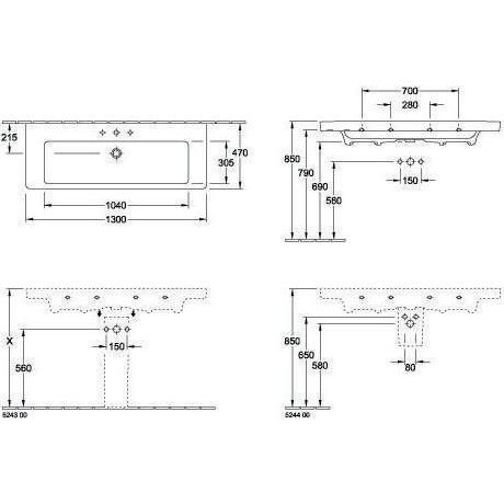 Thumbnail - Villeroy & Boch, Waschbecken, V&B Schrankwaschtisch SUBWAY 2.0 1300x470mm, mit ÜL we C+ (470 mm, 1300 mm)