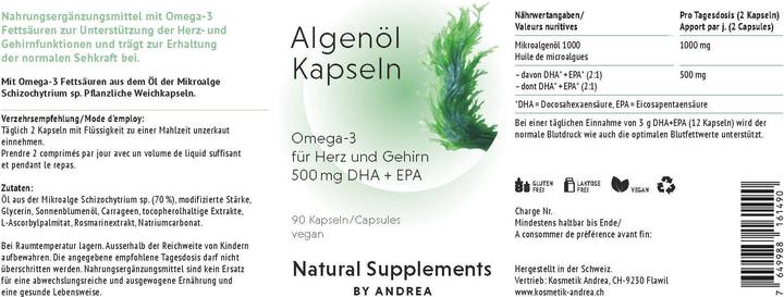 Nährwerte und Zutaten Andrea Natural Supplements Algenöl (90 Stück, Kapseln, 161 g)