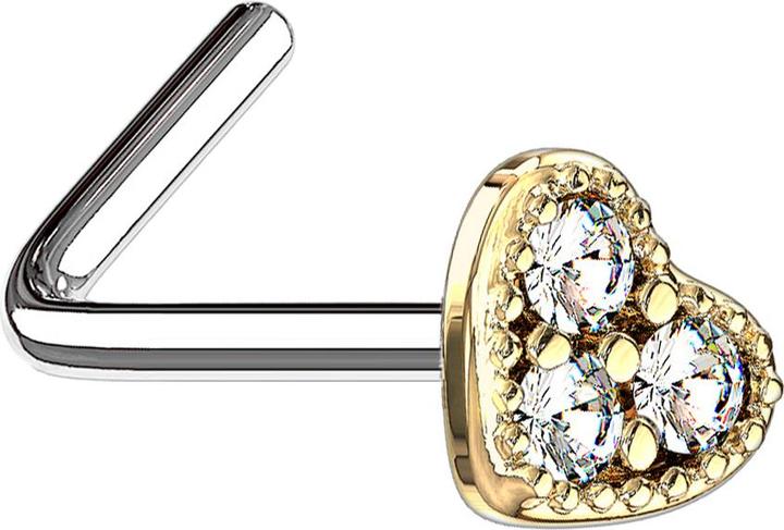 Produktbild Star Piercing Nasenstecker gewinkelt 14k vergoldet Herz Kristall silber (Messing, Chirurgenstahl 316L)