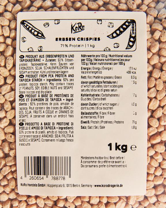 Nutritional values and ingredients KoRo Product made from pea protein and tapioca starch (1 pcs., 1000 g)
