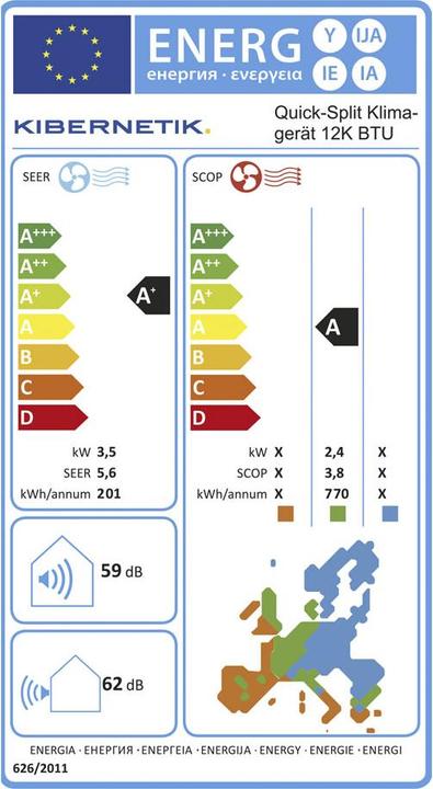 Energy Label Kibernetik FSP mobiles Quick-Split Klimagerät mit WiFi 3500W / 12000 BTU / 45m² (45 m², 12000 BTU/h)