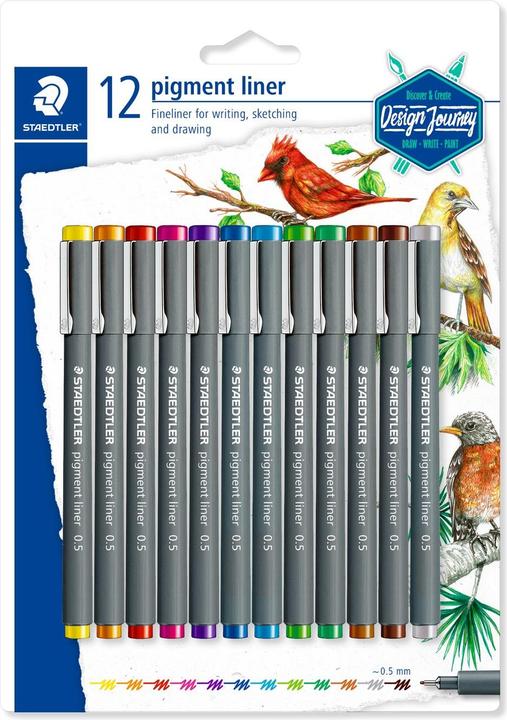 Actual product image Staedtler pigment liner 308 Fineliner (Yellow, Orange, Red, Fuchsia, Violet, Blue, Light blue, Light green, Green, Light brown, Brown, Grey, 12 x)