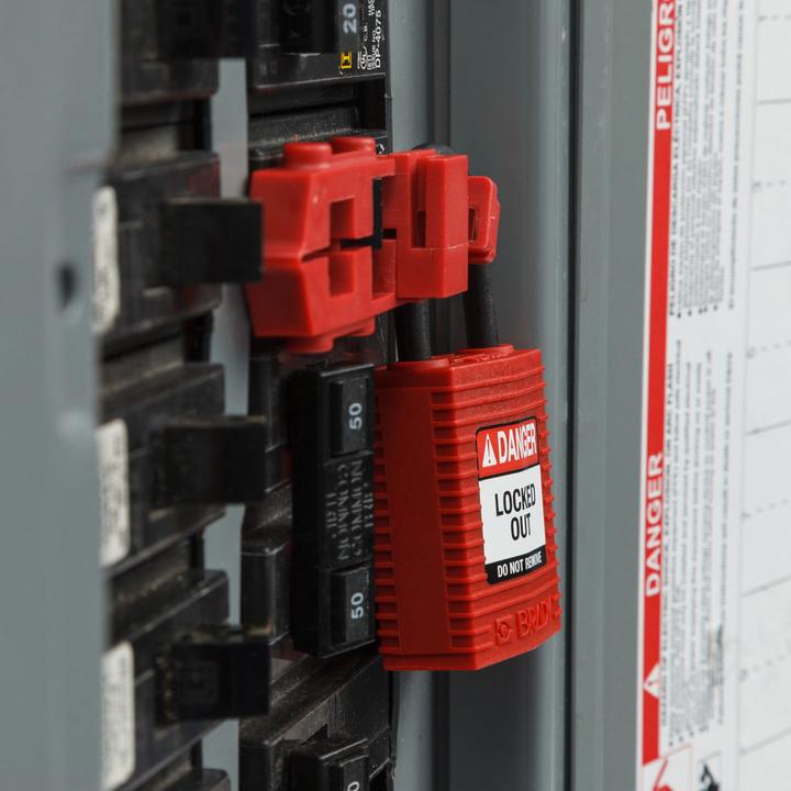 Productafbeelding Brady Safekey compact nylon veiligheidsslot met nylon beugel, rood, 25 mm beugelhoogte, 4,3 mm beugel