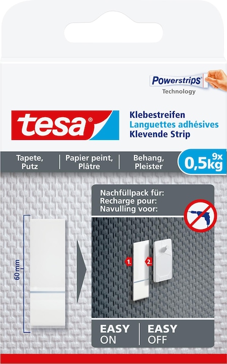 Produktbild tesa Powerstrips für Tapete & Putz, 0,5kg Halteleistung, 9x doppelseitige Klebestreifen
