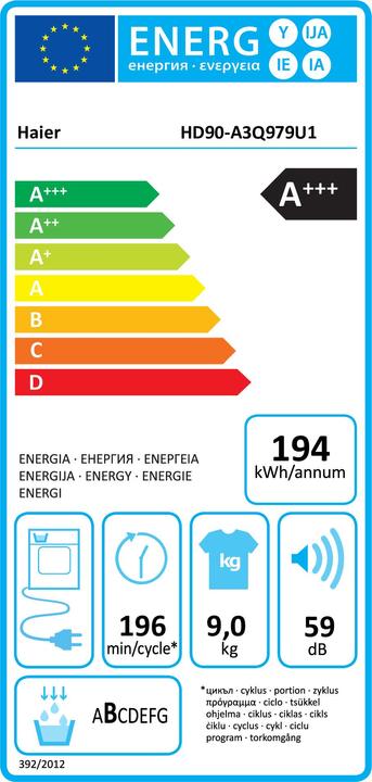 Etichetta energetica Haier HD90-A3Q979U1 (9 kg, A destra)