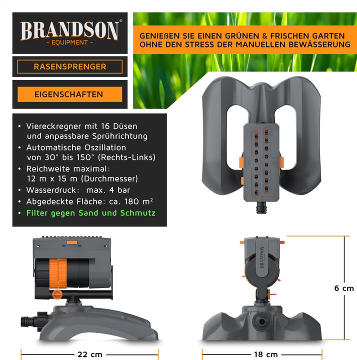 Produktbild Brandson 4x Viereckregner Garten Sprinkler, Rasensprenger rotierend, Oszillationsregner 16 Düsen, max. 180 m² (Viereckregner)