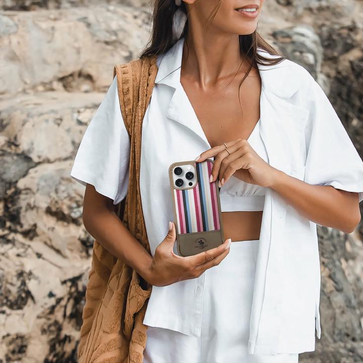 Actual product image Santa Barbara iPhone 16 Pro - Polo Isaac - Premium Sommer-Etui mit Stoffdesign, Streifenmuster, Gold (Apple iPhone 16 Pro)
