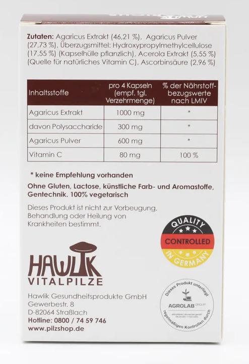 Nutritional values and ingredients Hawlik Agaricus extract + powder capsule (Capsules, 57 g)