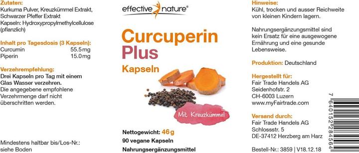 Nährwerte und Zutaten Effective Nature Curcuperin Plus (90 Stk., 45 g)