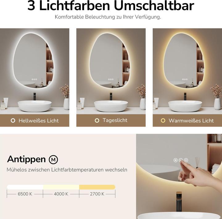 Actual product image Emke Asymmetrical bathroom mirror 75 x 55 cm with lighting, dimmable, 3 light colours, touch switch (55 x 75 cm)