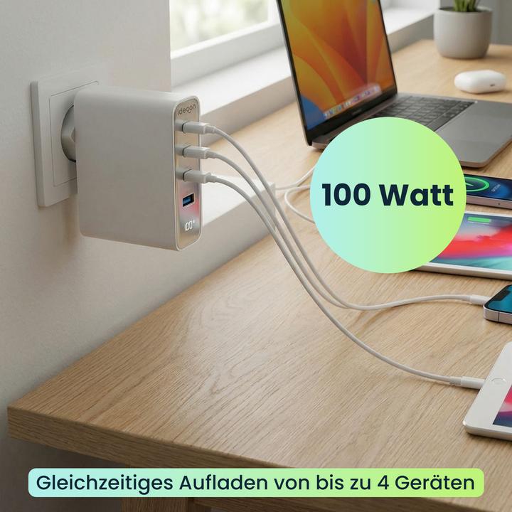 Image du produit Ideoon 2er-Set 100W GaN III USB-Ladegerät mit 4 Ports, 3x USB-C & 1x USB-A, Schnellladegerät mit LED-Displa (100 W, 4 ports)