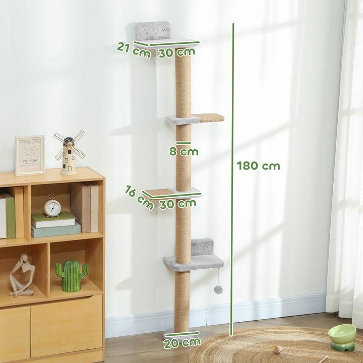 Produktbild PawHut Kratzbaum Polyester, Spanplatte Hellgrau (180 cm, Hellgrau)