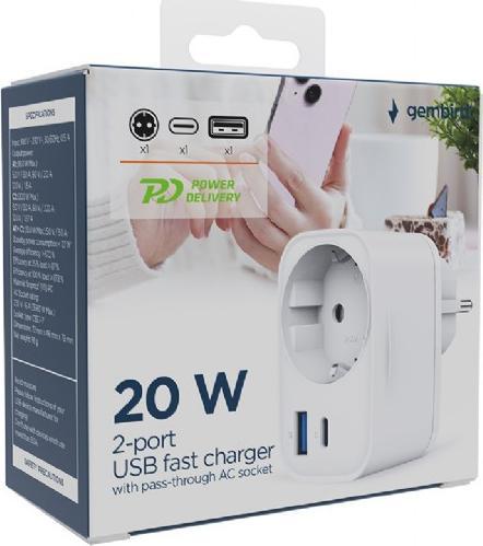 Image du produit Gembird CHARGER USB UNIVERSAL 20W WHT/2P AC TA-ACPDQC20-01-W (20 W, 2 ports)