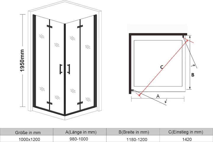Immagine prodotto SONNI Porta a soffietto nera per doccia ad angolo 100x120 cm cabina doccia cabina doccia Nano 6mm (120 cm, 100 cm, 195 cm)