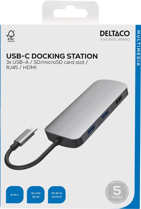 Produktbild Deltaco USB-C jungčių stotelė, 1x HDMI/RJ45/SD/mSD, 3x USB-A / USBC-HDMI26 / 1902421 (USB-C, 8 Ports)