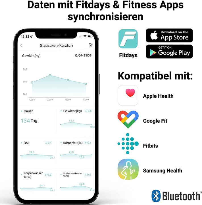Image du produit Fitleap Waage mit Körperfett- & Muskelanalyse, Digitale Personenwaage (180 kg)