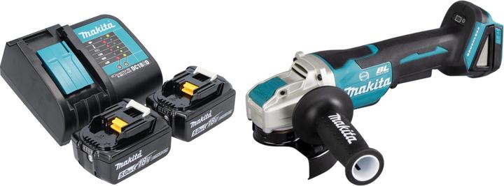 1x smerigliatrice angolare a batteria Makita DGA 520, 1x impugnatura laterale 36 cpl. (158237-4), 1x coperchio di protezione 125 mm (347618-9), 2x batteria ricaricabile Makita BL 1840 B 18 V 4.0 Ah, 1x caricabatterie Makita DC 18 SD