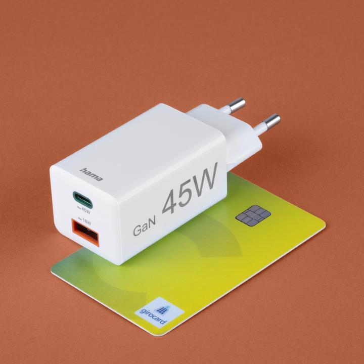 Image du produit Hama Chargeur rapide, 1x USB-C PD, 1x USB-A QC, mini-chargeur, 45 W, blanc (45 W, 2 ports)