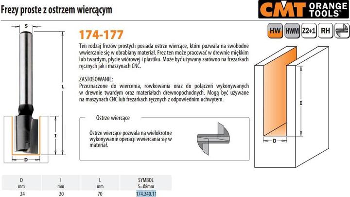 Produktbild CMT 174.240.11 24 mm Einstechfräser, auch mit Unterkante, mit HM-Schaft 8 mm