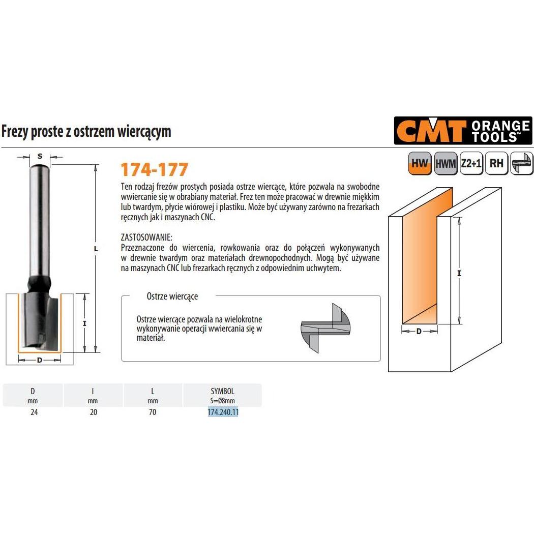 CMT, Punte per fresa, 174.240.11 24 mm Einstechfräser, auch mit Unterkante, mit HM-Schaft 8 mm