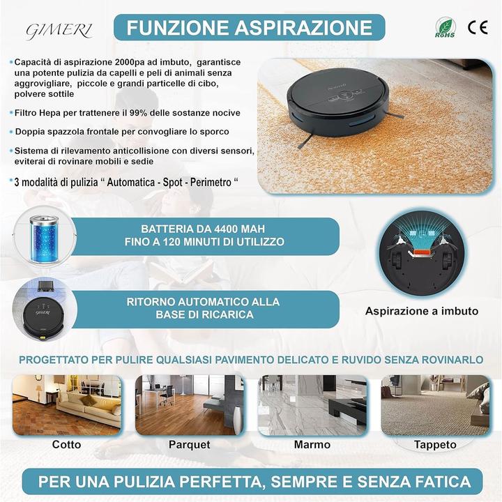 Actual product image Gimeri Robot Vacuum and Mop with Wi-Fi, Alexa and Google Compatible, Auto-Charging, 2000 Pa Suction (2000 Pa, Wiping cloth)