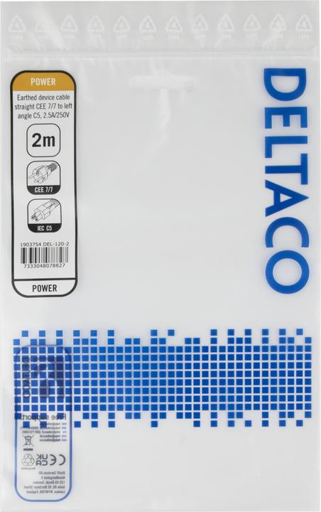 Produktbild Deltaco Device Cable, straight CEE 7/7 - left angle IEC C5, 2,0m (2 m)