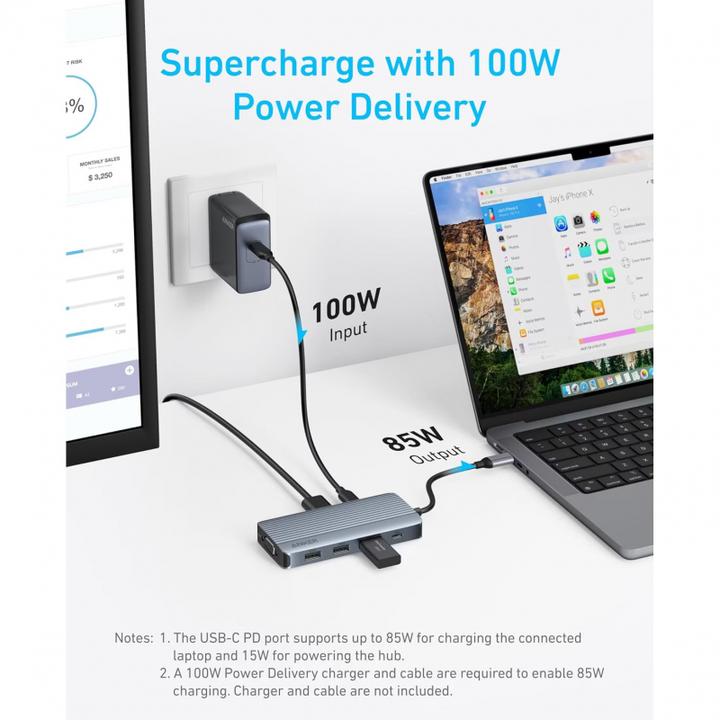 Actual product image Anker USB-C Hub, 3 x USB-A 3.0 - 2 x USB-C - 2 x HDMI - 1 x VGA, Grey (USB-C, 7 ports)