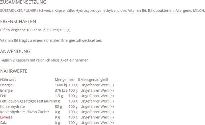 Valeurs nutritives et ingrédients Morga Bifido Vegicaps (100 pcs, Capsules, 500 g)