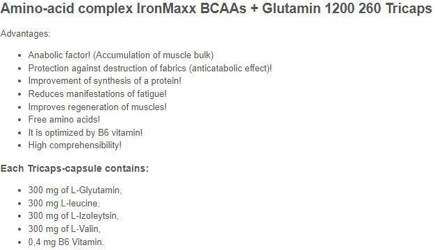 Valori nutrizionali e ingredienti IronMaxx BCAA e glutammina 1200 (1 Pezzo/i, Pillole, 357 g)