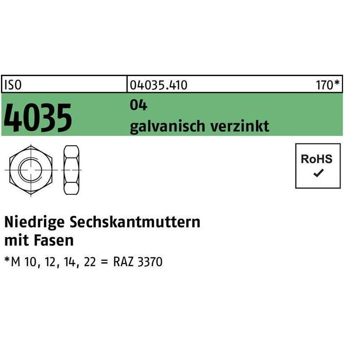 Muttern + Unterlegscheiben, Sechskantmutter DIN 439 Form B BM 5 Automatenstahl galvanisch verzinkt (M5)