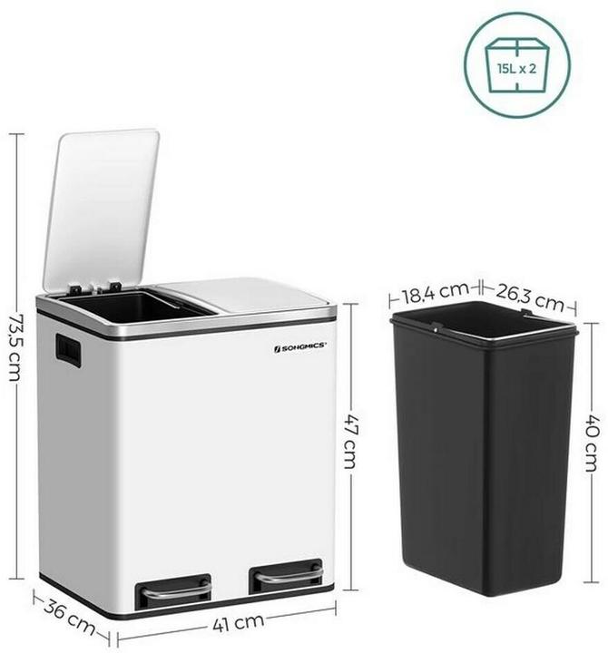Produktbild Songmics Abfalleimer mit Inneneimern und Griffen 2 x 15 l, Weiss (15 l)