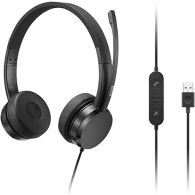 Lenovo USB-A Wired Stereo On-Ear Headset (Kabelgebunden, USB-A), Office Headset, Schwarz
