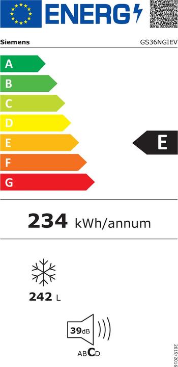 Energie-Label Siemens iQ300, free-standing freezer, 186 x 60 cm, Inox-easyclean, GS36NGIEV (Freistehend, 242 l)