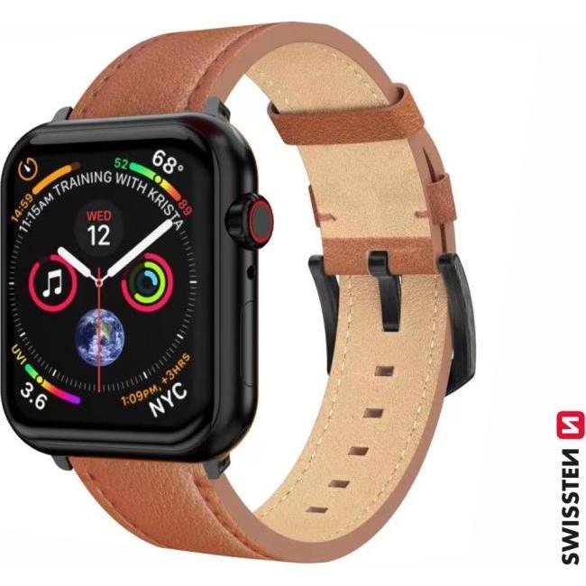 Swissten Leather Band for Apple Watch 42/44/45/49 mm Brown (Black Buckle and Black Lug) (Leder), Uhrenarmband, Braun