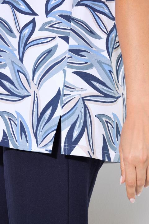 Image du produit Ulla Popken T-shirt à manches courtes et col tunisien, motif feuilles, coupe évasée (54)