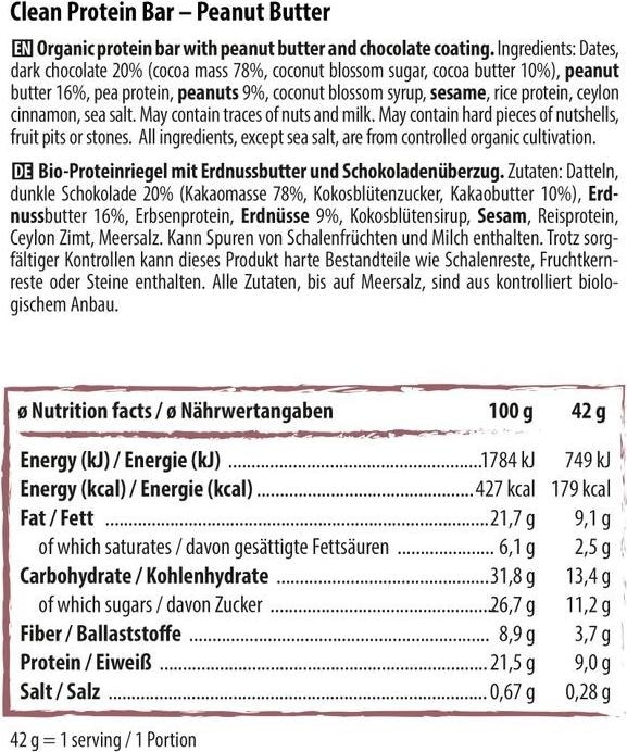 Nutritional values and ingredients Naturally Pam Clean Protein Bar (Peanut Butter, 12 pcs., 600 g)